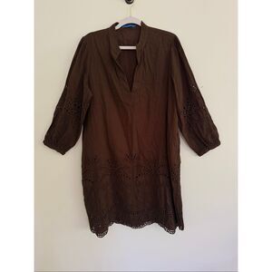 J.Mclaughlin 3/4 Sleeve Linen Blend Newbury Eyelet Dress Brown Women's Large